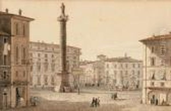Vue De La Place Antonine A Rome
 Aquarelle Et Plume Et Encre Brune Oil Painting by Victor-Jean Nicolle