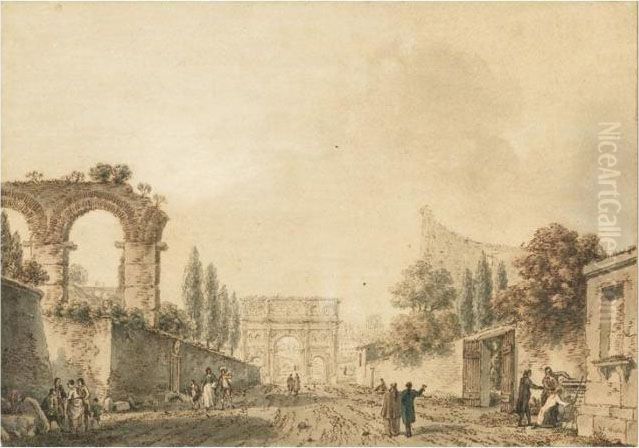 Groupe De Visiteurs Dans Le 
Forum A Rome Avec Le Colisee Et L'arc De Constantin [, Figures In The 
Forum In Rome With The Coliseum And The Arch Of Constantine, Brown Ink, 
Pen And Watercolour, Grey Wash, Signed Lower Right ] Oil Painting by Victor-Jean Nicolle