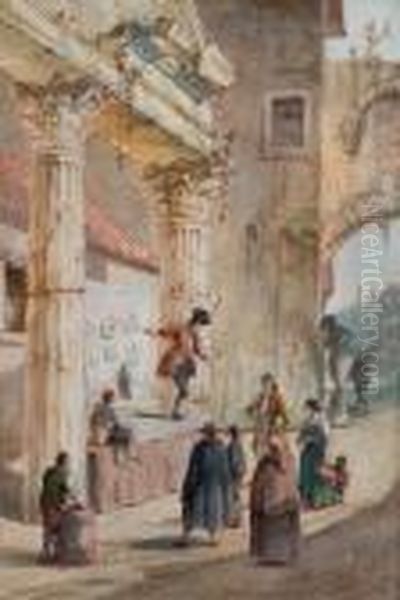 Un Marchand Ambulant, Sur Une 
Estrade Installee Sous Un Portique Antique, Harangue Quelques 
Spectateurs Oil Painting by Victor-Jean Nicolle