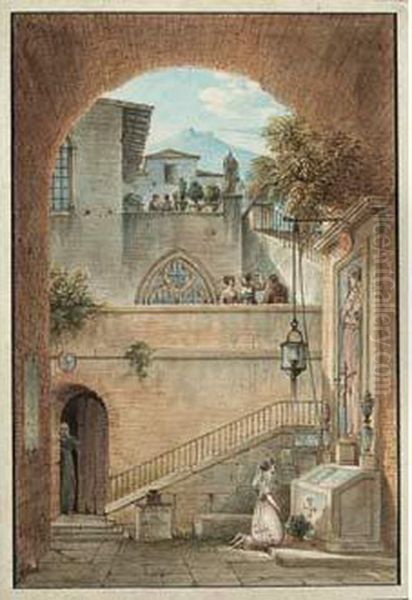 Femme Se Recueillant Devant Une Chapelle En Plein Air, Personnages
 Sur Les Terrasses D'un Monastere Oil Painting by Victor-Jean Nicolle