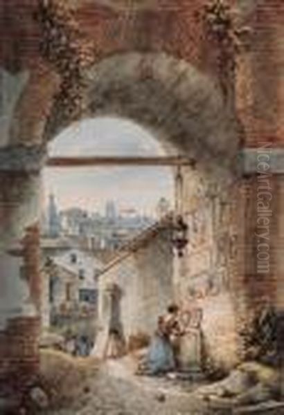 A Shrine At The Corner Of Via 
Santa Maria Maggiore And Via Sanpietro, Rome; And A View Near The 
Trinita Dei Monti, Rome. Oil Painting by Victor-Jean Nicolle
