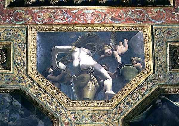 A nymph pouring water from an urn aided by putti, ceiling caisson from the Sala di Amore e Psiche, 1528 Oil Painting by Giulio Romano (Orbetto)