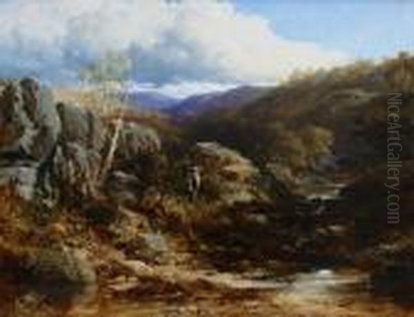 A Fisherman By A Rocky Stream Oil Painting by Edmund John Niemann