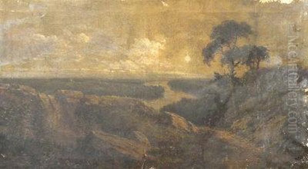 A Figure On A Path In An Extensive Wooded River Landscape Oil Painting by Edmund John Niemann