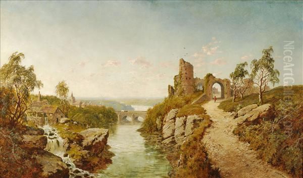 Aruined Castle Overlooking A River Valley Oil Painting by Edmund John Niemann