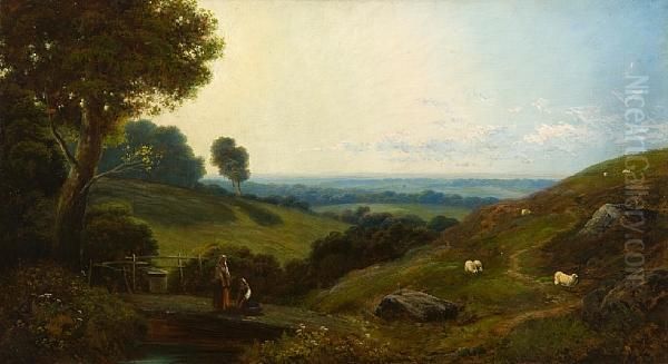 Figures On A Bridge Before An Extensivelandscape Oil Painting by Edmund John Niemann