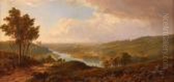 Panoramic View Of A Valley With Cottages Oil Painting by Edmund John Niemann