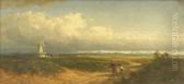 Windmill In An Extensive Lowland Landscape, Mother And Child On A Cart Track Oil Painting by Edmund John Niemann