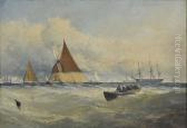 Hay Barge And Other Vessels On The Thames, Signed And Dated '58, Oil On Board Oil Painting by Edmund John Niemann
