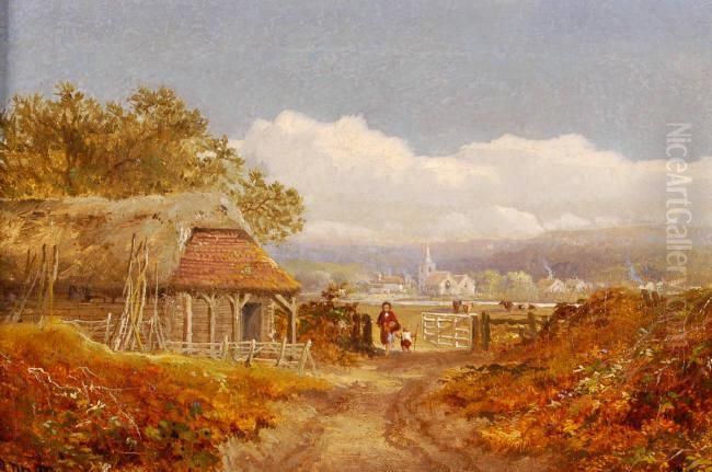 Extensive Landscape View With Children By An Open Gate Oil Painting by Edmund John Niemann