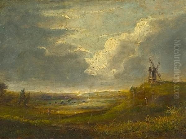 Extensive Country Landscape With Windmill And Figures Oil Painting by Edmund John Niemann
