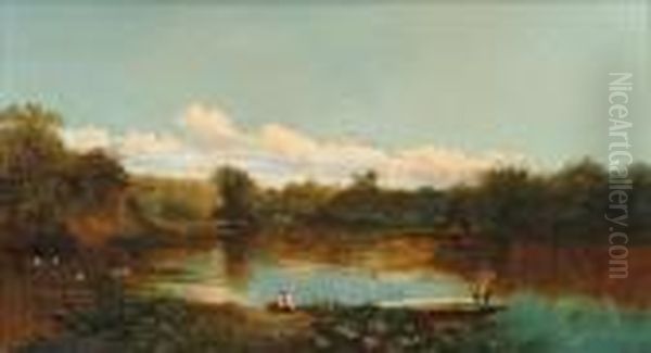 Figuresfishing On The Thames Oil Painting by Edmund John Niemann