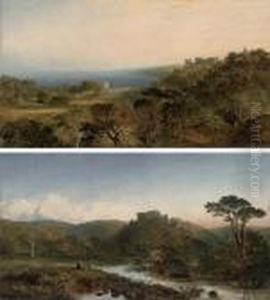 Dunster Castle, Somerset, 
Looking West Towards Dunkery Beacon, The River Anvill In The Foreground;
 And Dunster Castle, From Grobfast Hill Overlooking Blue Anchor Bay Oil Painting by Edmund John Niemann