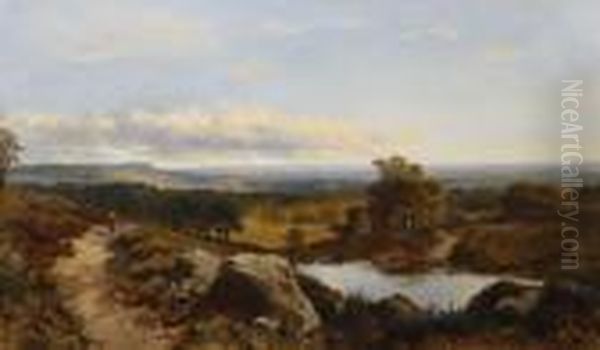 Extensive Landscape Withfigure On A Path By A Rustic Cottage And Pond Oil Painting by Edmund John Niemann