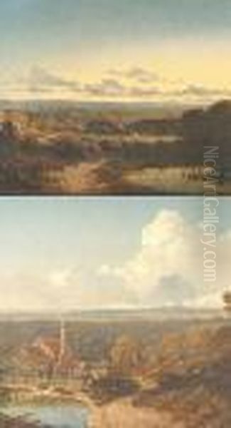 Wooded River Landscape With Cottage; And Another Similar, A Pair, One Oil Painting by Edmund John Niemann