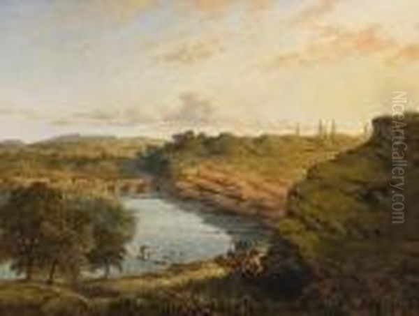 Fisherman On The River In An Extensive Landscape Oil Painting by Edmund John Niemann