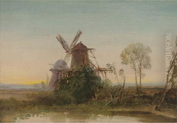 Windmills At Sunset Oil Painting by Edmund John Niemann