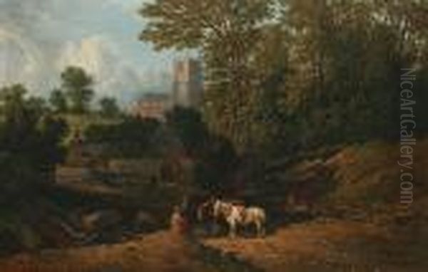 Timber Yard In A Woodland Clearing, With Horses And Figures, A Church Visible Beyond Oil Painting by Edmund John Niemann