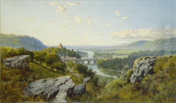 Darley Dalebridge, On The 
Derwent, Derbyshire, An Extensive Summer Landscapewith Figure On A Path 
In Evening Sunlight Oil Painting by Edmund John Niemann