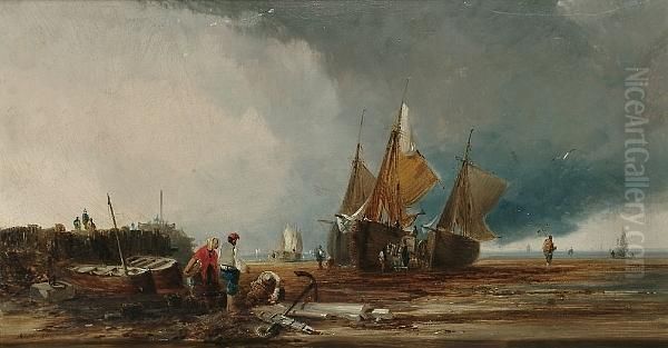 Fishing Vessels At Low Tide Oil Painting by Edmund John Niemann