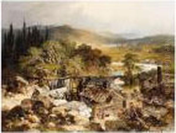 An Extensive River Landscape With Water Mill Oil Painting by Edmund John Niemann