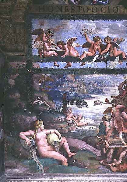 The Rustic Banquet celebrating the marriage of Cupid and Psyche, detail depicting river gods and goddesses, east wall, from the Sala di Amore e Psiche, 1528 Oil Painting by Giulio Romano (Orbetto)