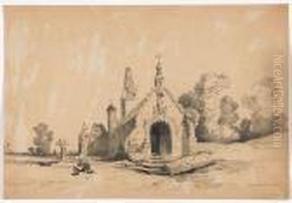 Paysanne Aupres D'une Tombe Pres
 D'une Eglise Et Couple Depaysans A La Sortie D'une Ville Oil Painting by Jules Achille-Noel