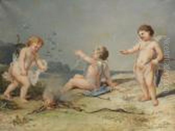 Amours Allumant Le Feu De La Passion Oil Painting by Jules Achille-Noel