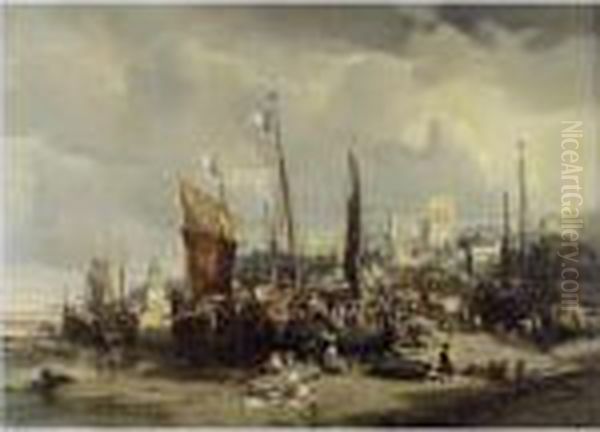 Retour De Peche A Maree Basse Oil Painting by Jules Achille-Noel