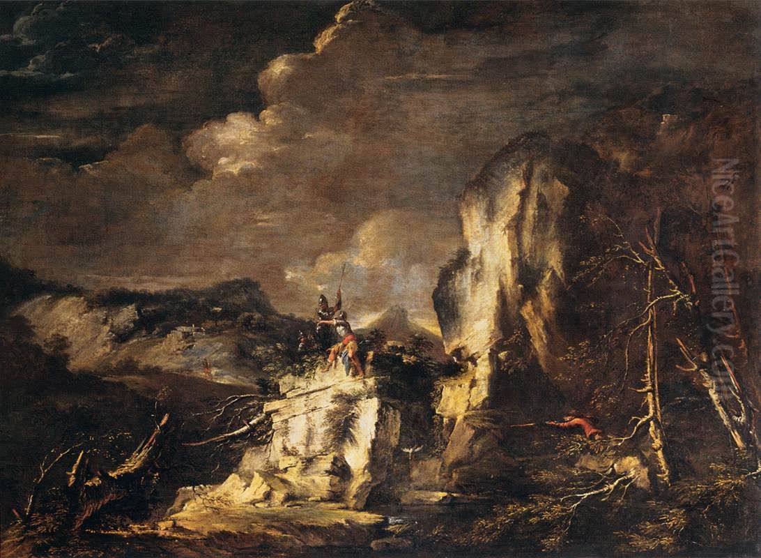 Rocky Landscape with a Huntsman and Warriors Oil Painting by Salvator Rosa