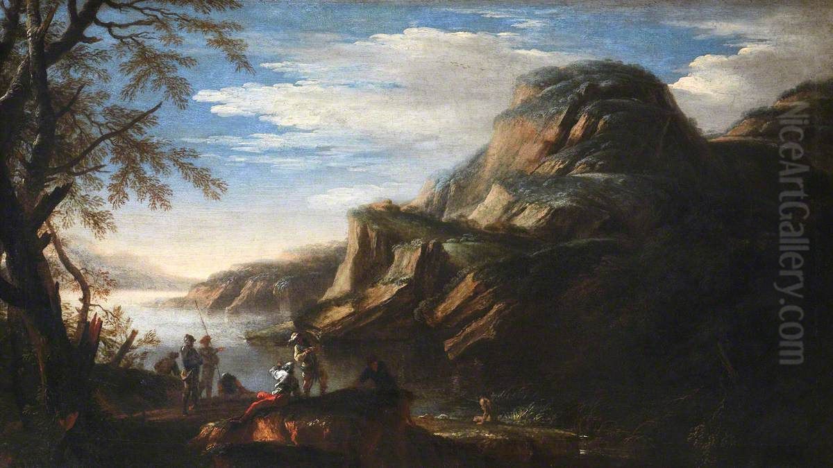 Rocky Landscape with Figures Oil Painting by Salvator Rosa