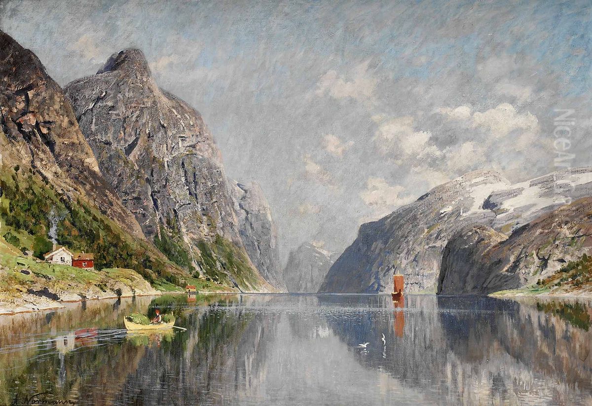 Norwegian Fjord Landscape Oil Painting by Adelsteen Normann