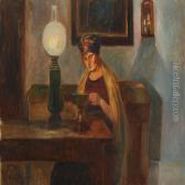 Interior With Woman Oil Painting by Poul Friis Nybo