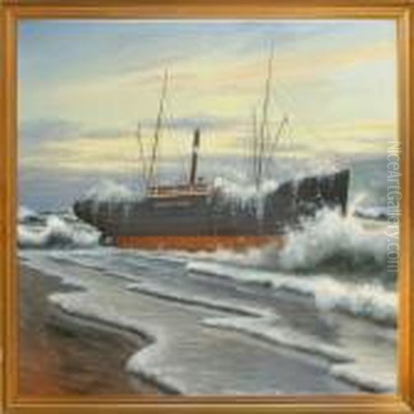 S/s Skialm Hvide Of Copenhagenis
 Stranded Off The Danish Coast Of Vorupor October 26 1906 Oil Painting by Poul Friis Nybo