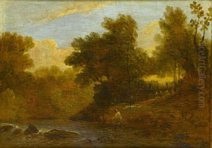 A Wooded River Landscape With An Angler In A Stream Oil Painting by James Arthur O'Connor