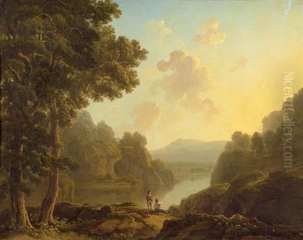 River Landscape With Two Figures Oil Painting by James Arthur O'Connor