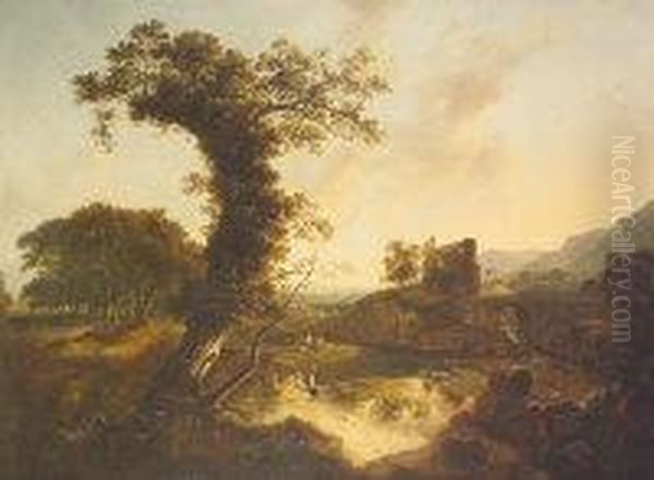 An Extensive Wooded Landscpae 
With A Milk Maid In The Foreground, A Ruin And The Coast Beyond Oil Painting by James Arthur O'Connor