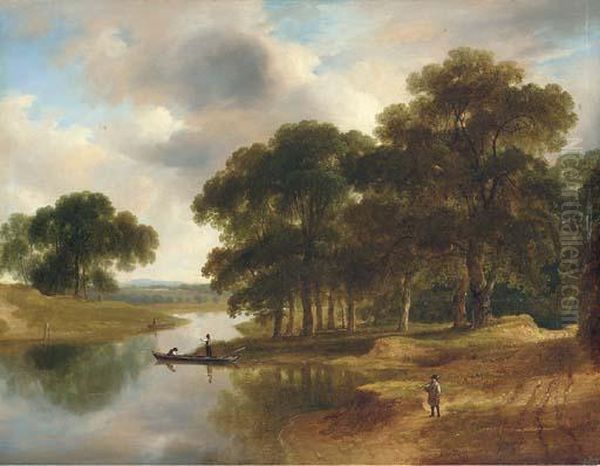 A Wooded River Landscape With A 
Figure On A Path In The Foregroundand Figures In Boats On The River 
Beyond Oil Painting by James Arthur O'Connor