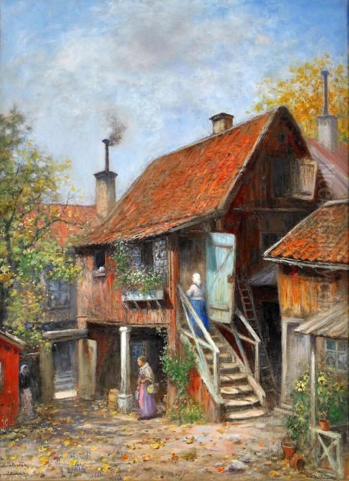 Gardsinterior - Djurgardstaden Oil Painting by Frans Wilhelm Odelmark