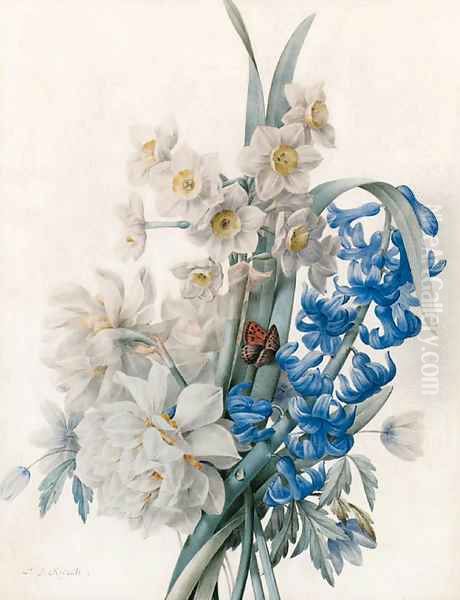 A Bunch of Flowers including Bluebells, Daffodils, and an Admiral Butterfly Oil Painting by Pierre-Joseph Redoute