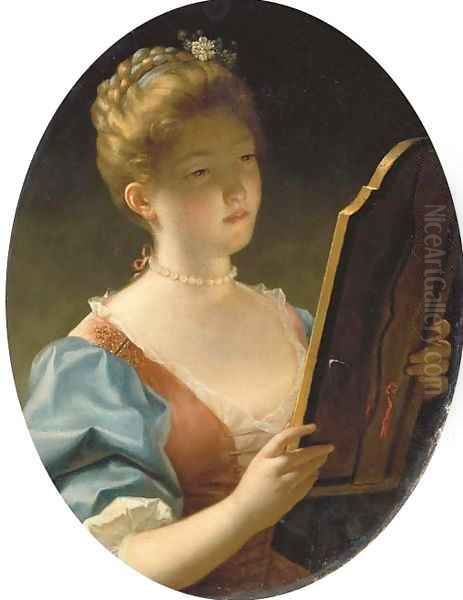 Portrait of a lady, bust-length, in a blue and brown silk dress with muslin trimmings and a pearl necklace looking into a dressing-table mirror Oil Painting by Jean Raoux