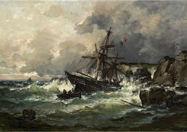 :trois Mats Par Gros Temps Oil Painting by Jean-Baptiste Olive