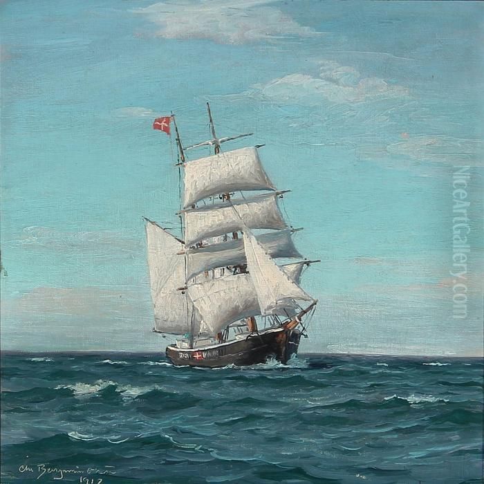 Seascape With A Brig On Open Sea Oil Painting by Christian Benjamin Olsen