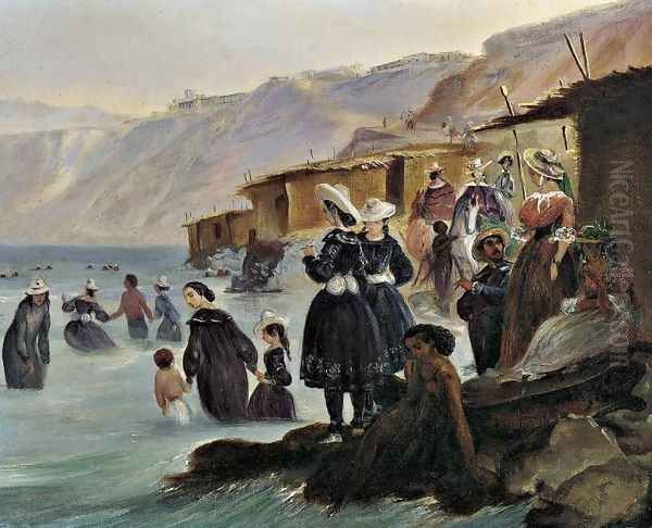 Los ba&ntilde;os de Miraflores - Ba&ntilde;istas y caba&ntilde;as en la playa de Chorillos, Lima Oil Painting by Johann Moritz Rugendas