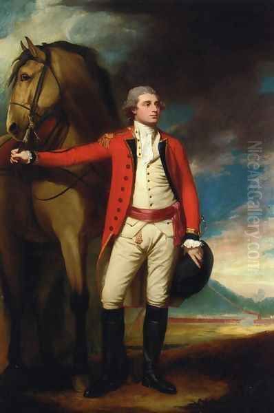Portrait of Major James Harelty, Full-Length, in Uniform, Holding His Horse, a Formation of Soldiers Beyond Oil Painting by George Romney