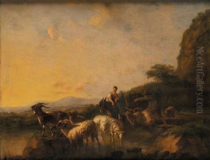 Berger Et Son Troupeau Traversant Le Gue Oil Painting by Balthasar Paul Ommeganck