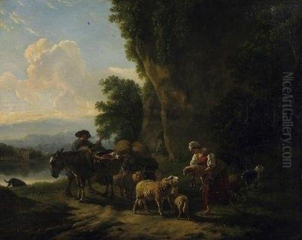 Evening Mood In Front Of The 
Cliffs By The Riverbank. Farmers With Their Stock On The Way. Signed 
Lower Left: B. Ommeganck Oil Painting by Balthasar Paul Ommeganck