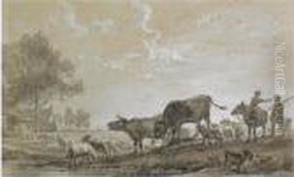 A River Landscape With A Peasant
 And Maid Together With Cows, Goats And Sheep, Two Figures In The 
Background Leading The Cattle Into The Barn Oil Painting by Balthasar Paul Ommeganck