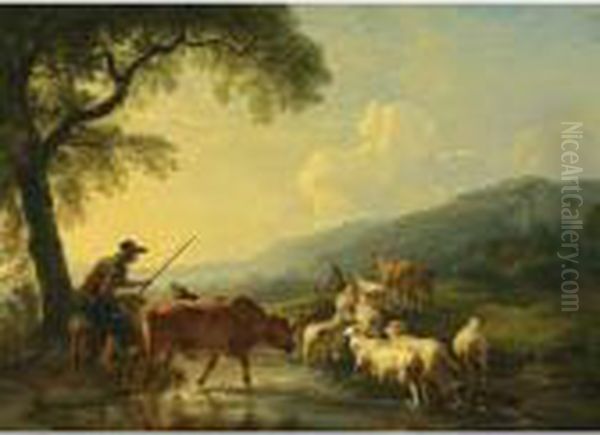 An Extensive Hilly Landscape 
With Shepherds And Their Herd Of Cows, Sheep, Goats And Donkeys Fording A
 Stream At Sunset Oil Painting by Balthasar Paul Ommeganck