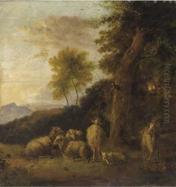 A Wooded Landscape With A Group Of Sheep And Goats Resting Oil Painting by Balthasar Paul Ommeganck